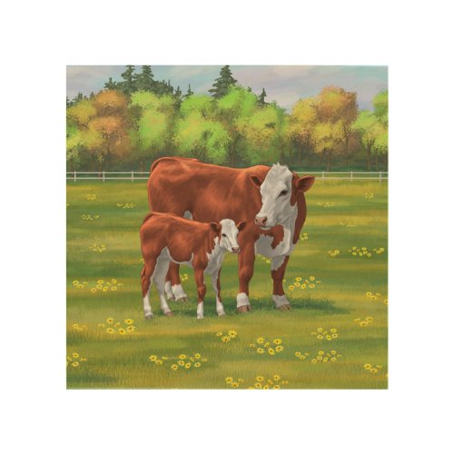 Hereford Cow  Cute Calf in Summer Pasture Wood Wall Art