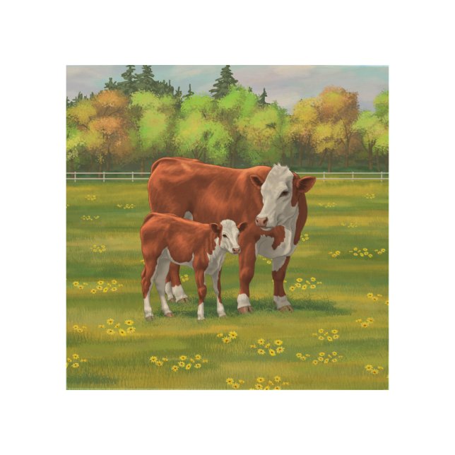 Hereford Cow & Cute Calf in Summer Pasture Wood Wall Art (Front)