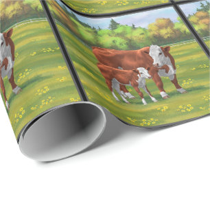 Hereford Cow & Cute Calf in Summer Pasture Wrapping Paper