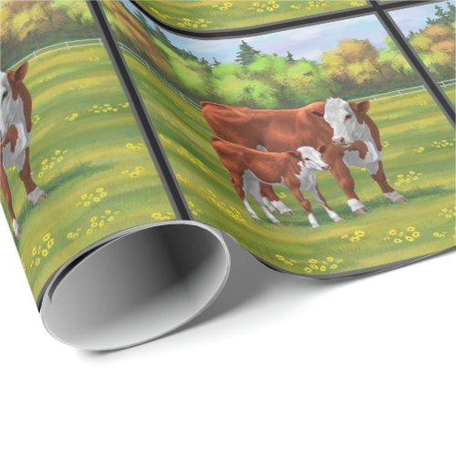 Hereford Cow  Cute Calf in Summer Pasture Wrapping Paper