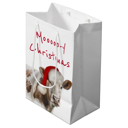 Hereford Cow With Santa Cap Medium Gift Bag