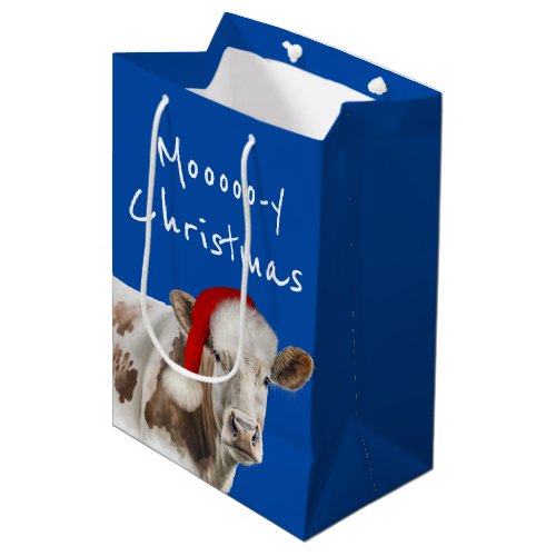 Hereford Cow With Santa Cap on Blue Medium Gift Bag