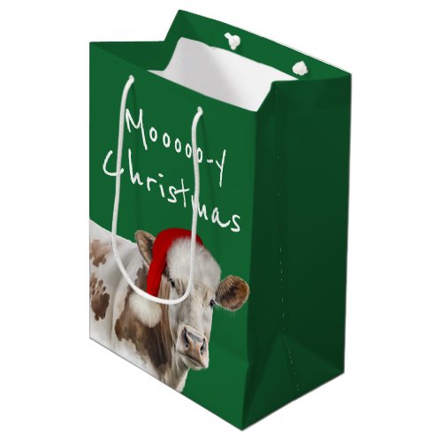 Hereford Cow With Santa Cap on Green Medium Gift Bag