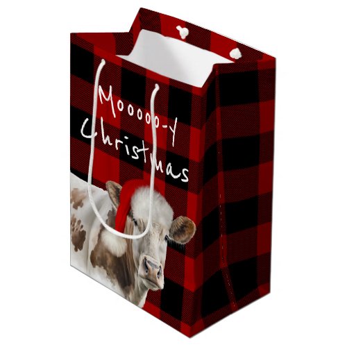 Hereford Cow With Santa Cap on Plaid Medium Gift Bag