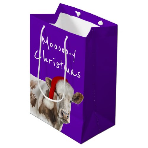 Hereford Cow With Santa Cap on Purple Medium Gift Bag