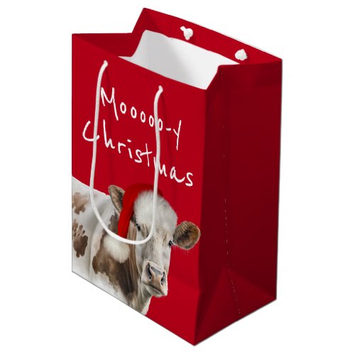 Hereford Cow With Santa Cap on Red Medium Gift Bag