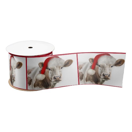 Hereford Cow with Santa Claus Hat Satin Ribbon