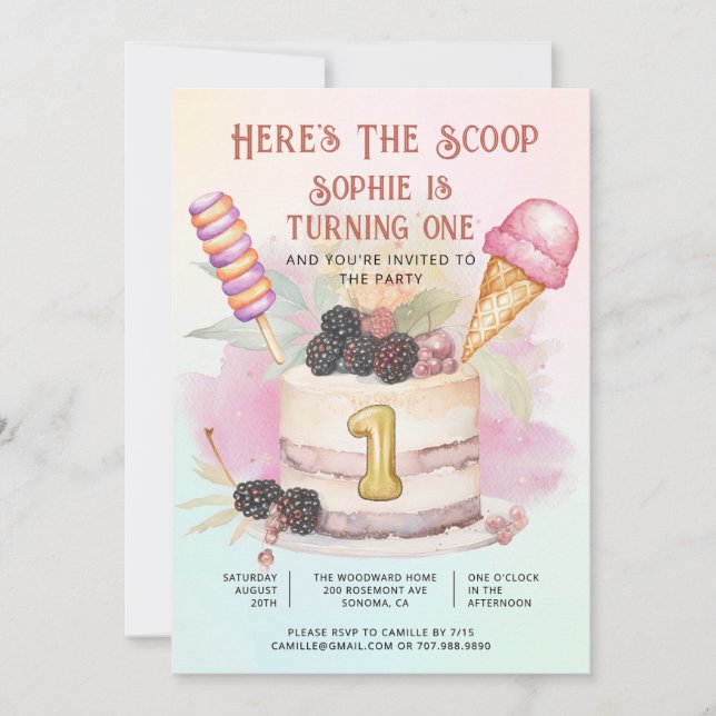 Here's The Scoop 1st Birthday Ice Cream Party Invitation (Front)