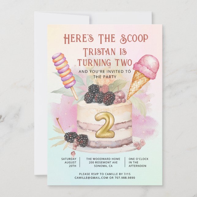 Here's The Scoop 2nd Birthday Ice Cream Party Invitation (Front)