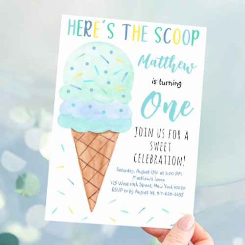 Heres The Scoop Blue Boy Ice Cream Birthday Invitation