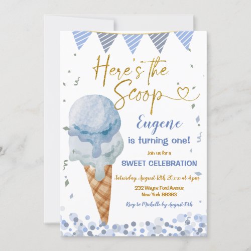 Heres The Scoop Blue Ice Cream Boys 1st Birthday Invitation