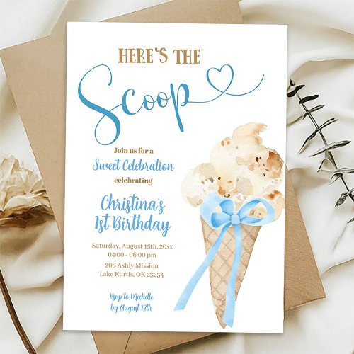 Heres the Scoop Blue Ice Cream First Birthday Invitation