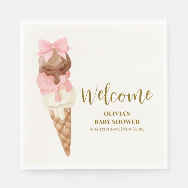 Here's The Scoop Bow Ice Cream Baby Shower Welcome Napkins (Front)