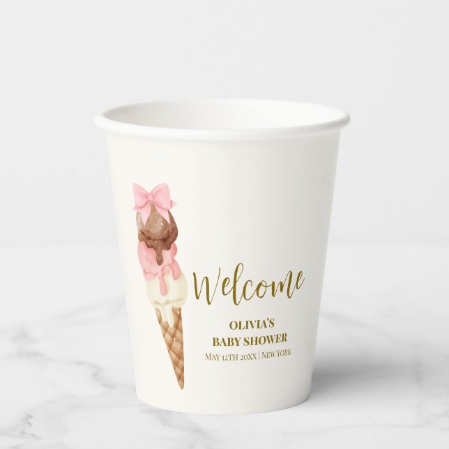 Here's The Scoop Bow Ice Cream Baby Shower Welcome Paper Cups (Front)