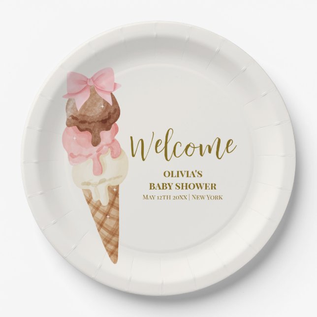 Here's The Scoop Bow Ice Cream Baby Shower Welcome Paper Plates (Front)