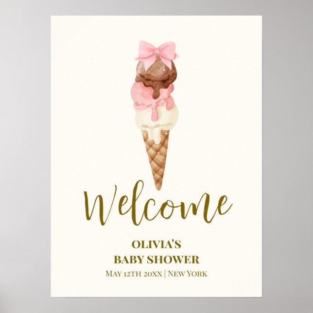 Here's The Scoop Bow Ice Cream Baby Shower Welcome Poster (Front)