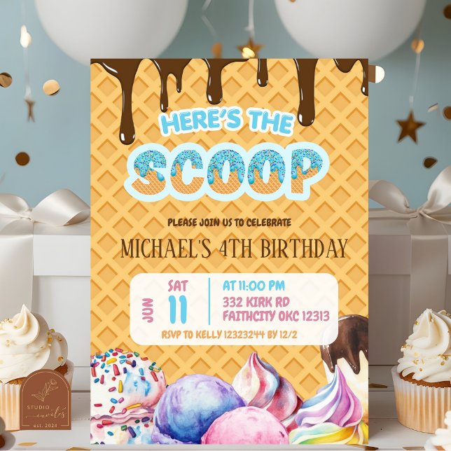Heres The scoop Boy Chocolate Drip Waffle Birthday Invitation (Creator Uploaded)