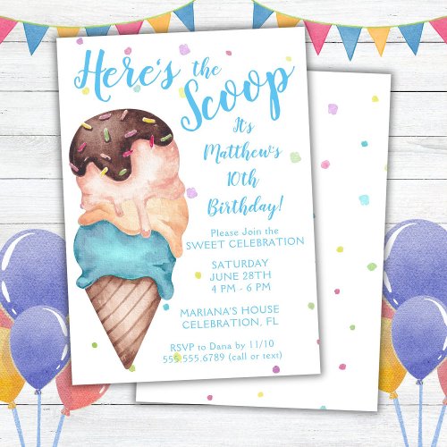 Heres the Scoop Boys Ice Cream Birthday Invitation