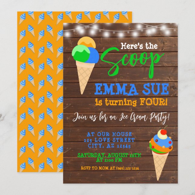 Here's the Scoop Boy's Ice Cream Party Birthday Invitation (Front/Back)