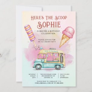 Here's The Scoop Colorful Kid's Ice Cream Birthday Invitation