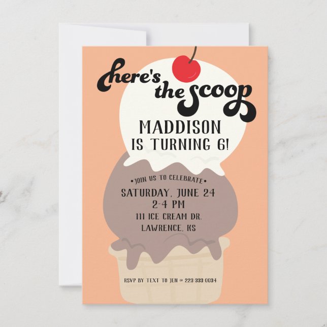 Here's the Scoop Cream Birthday Invitation (Front)