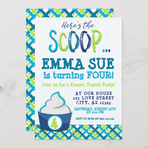 Heres the Scoop Frozen Yogurt Party Birthday Invitation