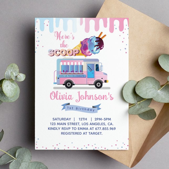 Here's The Scoop Girl 1st Birthday Party Invitation (Creator Uploaded)