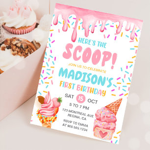 Here's the Scoop Girls Ice Cream 1st Birthday Invitation