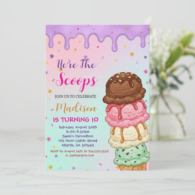 Here's the Scoop Girls Ice Cream Birthday Invitation (Standing Front)
