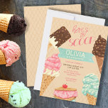 Here's the Scoop Girls Ice Cream Birthday Invitation<br><div class="desc">Cute and girly ice cream birthday invitation. The design has ice cream cones, ice cream sandwich and chocolate ice ceam lolly on a waffle wafer background. It is lettered with "here's the scoop" and your little one's name and age are highlighted on a banner. The design has a yummy color...</div>