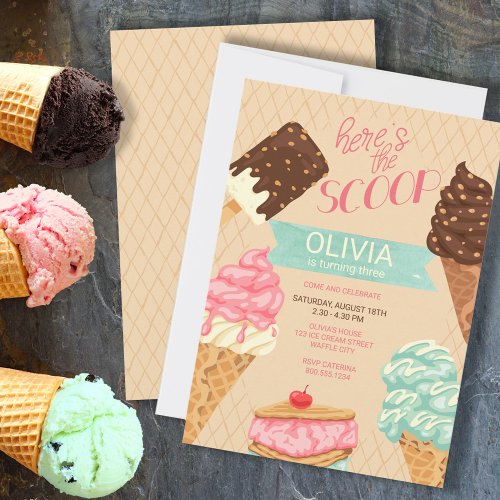 Heres the Scoop Girls Ice Cream Birthday Invitation