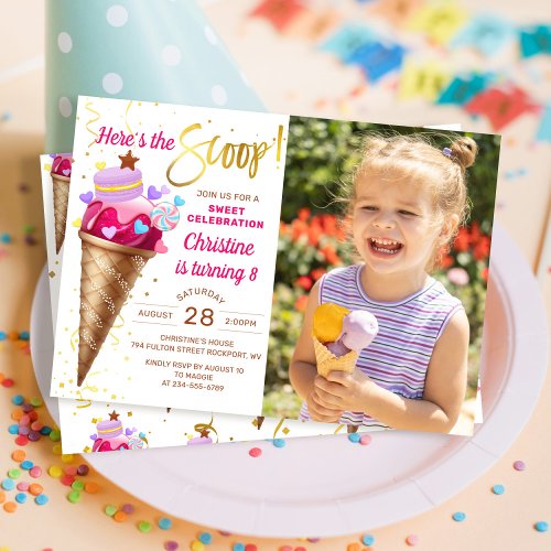 Heres The Scoop Girls Ice Cream Birthday Photo Invitation