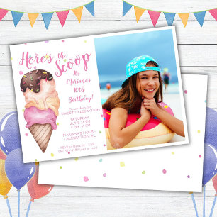 Here's the Scoop Girls Ice Cream Photo Birthday Invitation