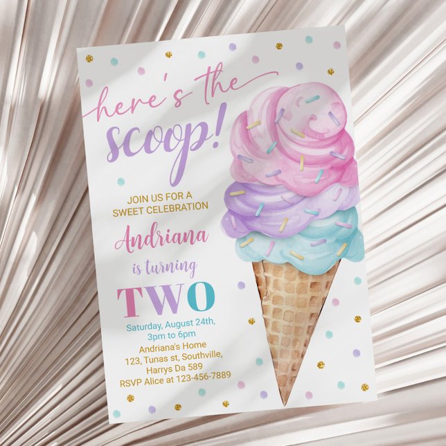 Here's the Scoop Girls Ice Cream Second Birthday  Invitation (Creator Uploaded)