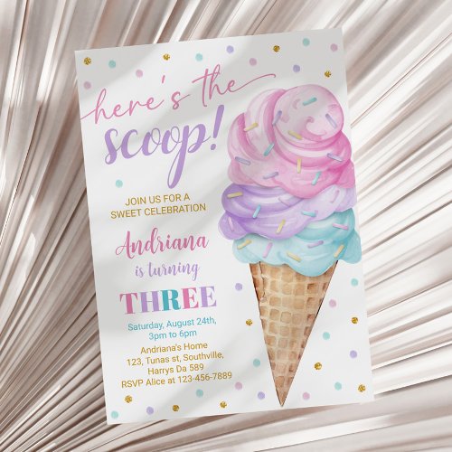 Heres the Scoop Girls Ice Cream Third Birthday Invitation