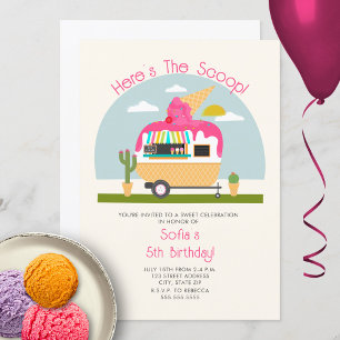 Here's The Scoop Hot Pink Ice Cream Truck Birthday Invitation