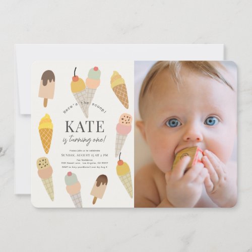 Heres the Scoop Ice Cream 1st Birthday Photo Invitation