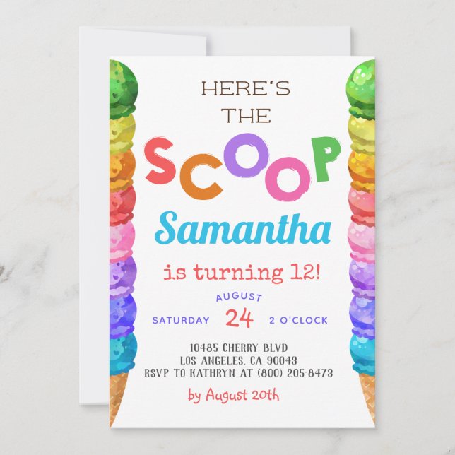 Here's the Scoop Ice Cream Birthday Invitation (Front)