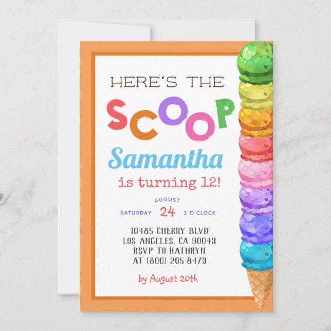 Here's the Scoop Ice Cream Birthday Invitation (Front)
