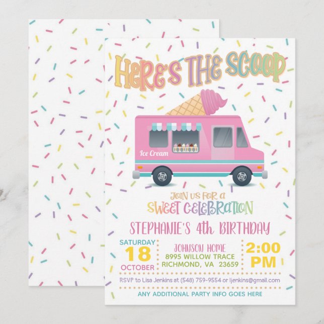 Here's the Scoop Ice Cream Birthday Invitation (Front/Back)