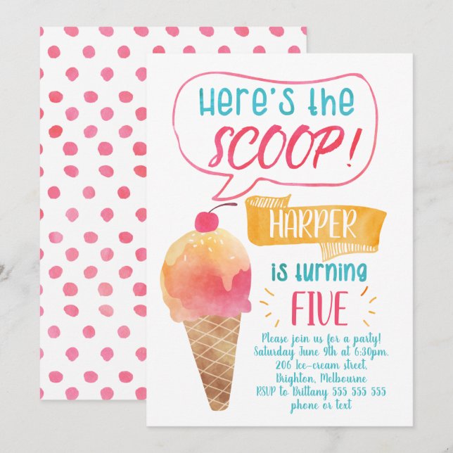 Here's The Scoop Ice-Cream Birthday Invitation (Front/Back)