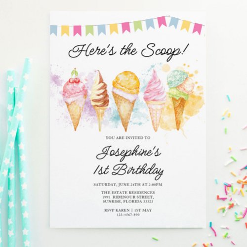 Heres the Scoop Ice Cream Birthday Invitation