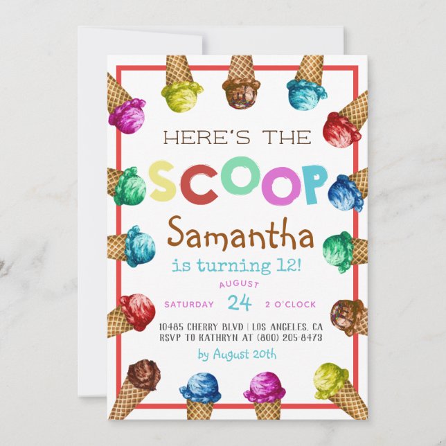Here's the Scoop Ice Cream Birthday Invitation (Front)