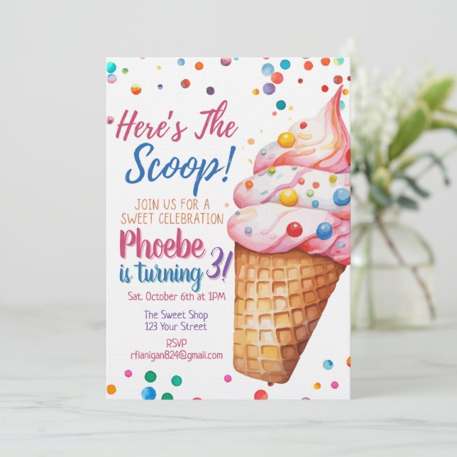 Here's The Scoop Ice Cream Birthday Invitation (Standing Front)