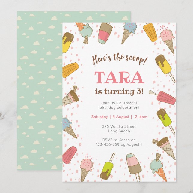 Heres the scoop Ice cream birthday invitation (Front/Back)