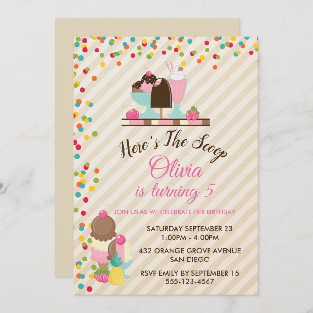 Here's The Scoop Ice Cream Birthday Party Invitation (Front/Back)