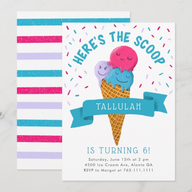 Here's the Scoop Ice Cream Birthday Party Invitation (Front/Back)