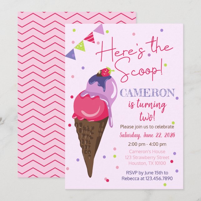 Here's the Scoop Ice cream Birthday Party Invitation (Front/Back)