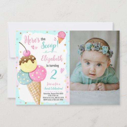 Heres The Scoop Ice Cream Birthday Photo Invitation