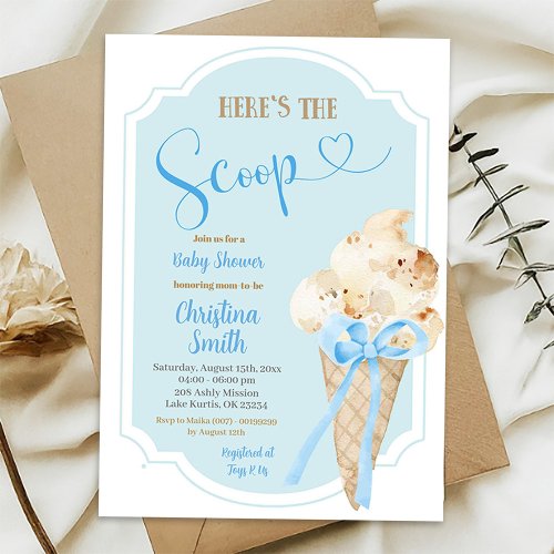 Heres the Scoop Ice Cream Blue Baby Shower Invitation